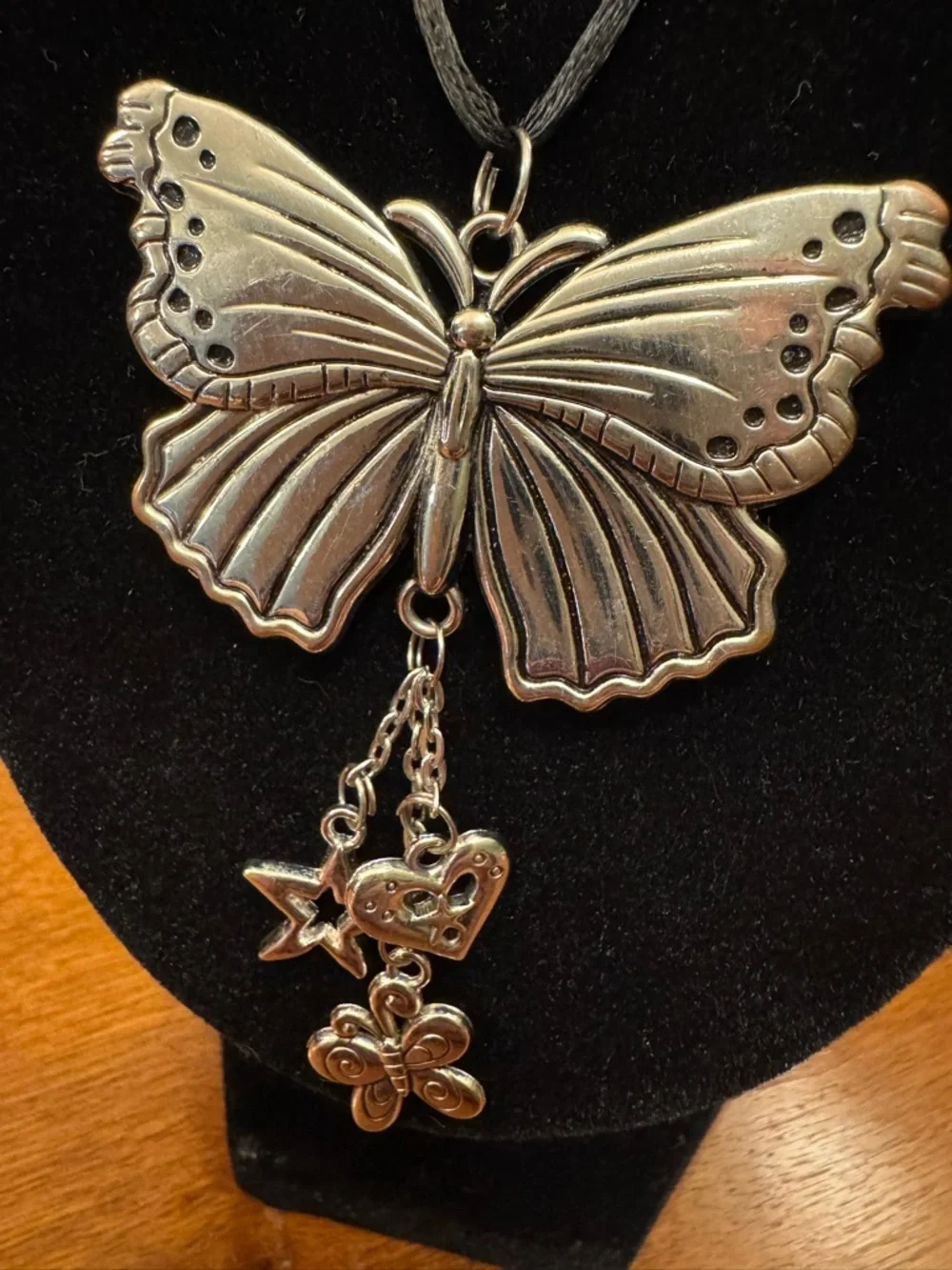 Double-Sided Butterfly Pendant Necklace with Charm Drops - Silver Tone
